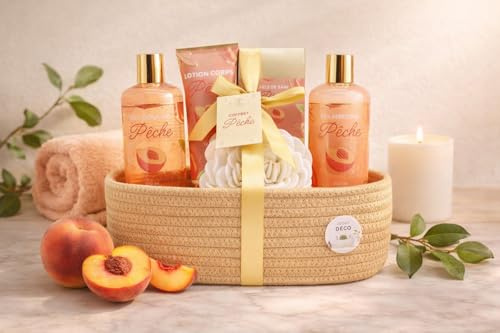 French Tendance - Coffret Soin Pêche - Shampooing 300ml, Gel Douche, Lotion Corps, Sels de Bain - Cadeau Femme Beauté, Soin Corps, Bien Etre - Kit Cocooning Panier Pêche