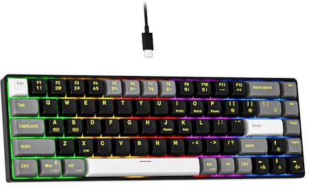 Newmen GM681 Mechanical Keyboard,68 Keys Compact USB 60% Custom LED Backlit Hot Swappable Small Mini Computer Gaming Mechanical Wired Keyboard for PC Gamer Win Mac,Black/White/Grey,Red Switch