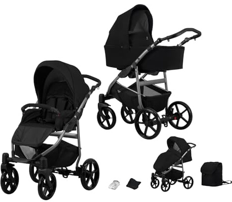 Kunert Mata Kinderwagen 2 in 1 + Zubehör mit Wippmechanismus der Babywanne Komfortabel, multifunktional und praktisch Der Aluminiumrahmen ECE R129 konform (schwarz/stahlgrauer Rahmen)