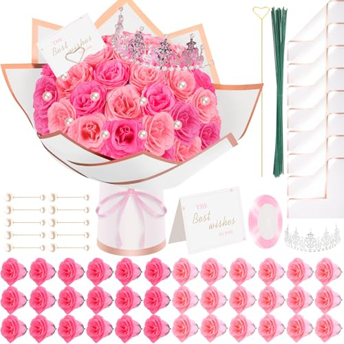 TLY Glitter Roses Bouquet Pink Flower Bouquet DIY Fake Roses Flowers with Wrapping Paper Crowns Cards,Birthday Gifts for Women Valentines Day Mothers Day Anniversary Engagement Wedding