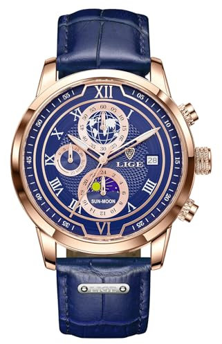 LIGE Armbanduhren Herren Männer Uhr Blau Lederarmband Chronograph Quarz Männer Uhren Mit Datum Mondphase Design Wasserdicht Men's Watches - Armbanduhren Für Herren Für Business & Alltag,Goldblau