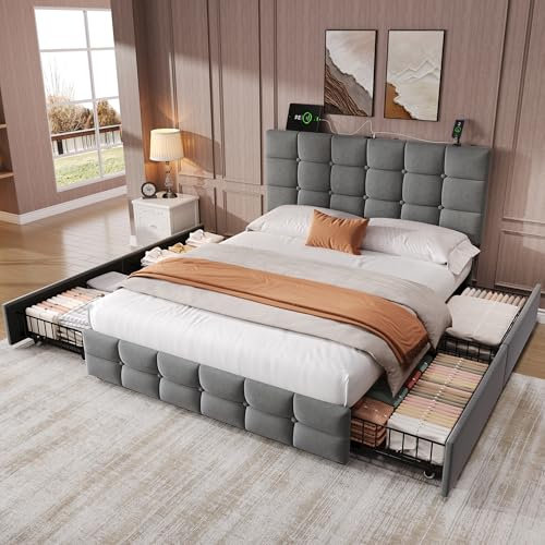 ModernLuxe 4ft6 Double Upholstered Bed with Storage Drawers Velvet Bed Frame with Adjustable Tufted Headboard, USB & Type-C Ports, No Box Spring Needed, Sturdy Metal, Grey (No Mattress)