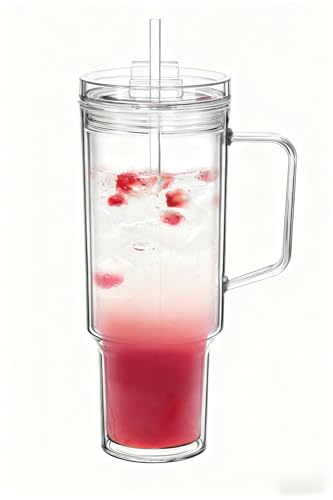 Icesip Clear Tumbler with Lid & Straw, Plastic, 40 oz | Double-Wall Reusable Tumbler with Handle for Iced Coffee, Water, juices, Travel and Everyday Use
