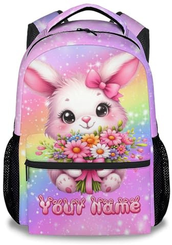 GiftoFLUX Personalisierter Kinderrucksack Mädchen-süßes Kaninchen Schulrucksack für Mädchen in der 1-6 Klasse,Leichter großer Rucksack für Schule oder Reisen,17 Zoll
