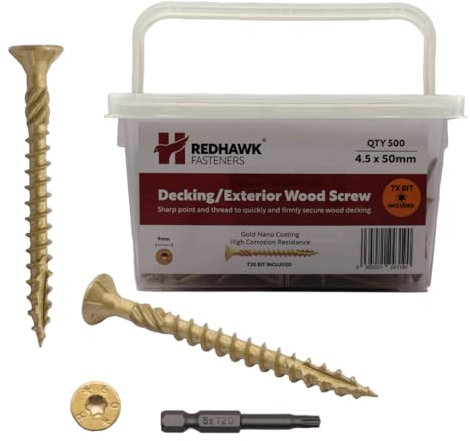 Redhawk Fasteners®, confezione da 500 viti per terrazze | 4,5 x 50 mm | rivestimento nano oro resistente alla corrosione | attacco Torx T-20 | punta driver inclusa, vasca in plastica resistente