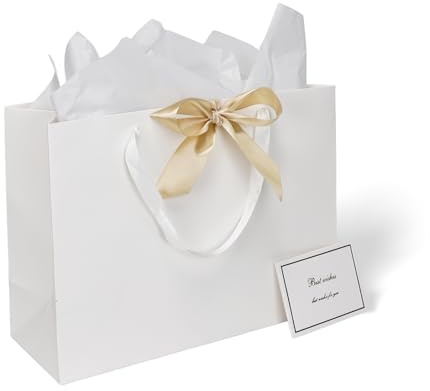 Huaprint 6 Pack White Large Gift Bags Kit, 40.6x15.2x30.4cm Extra Large & Sturdy Gift Wrapping Set with Tissue Paper, Card & Ribbon for Clothing, Shoes, Wine Bottles, Christmas Birthday Gifts
