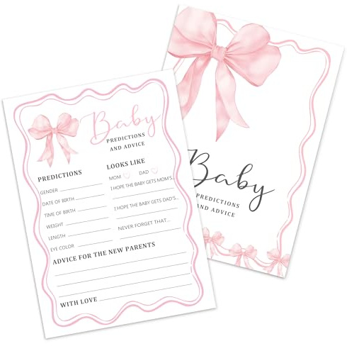 25 x Baby Prediction Cards, Baby-Shower Party Games Advice Card (Pink Bow)
