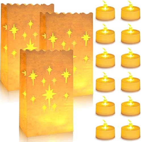 12 Candele a LED Senza Fiamma e 12 Sacchetti di Candela Luci Tealight Realistiche Luminose Lumini a Batteria Flickering Flameless Candele per San Valentino Matrimonio Feste Natale (Fuochi d'artificio)