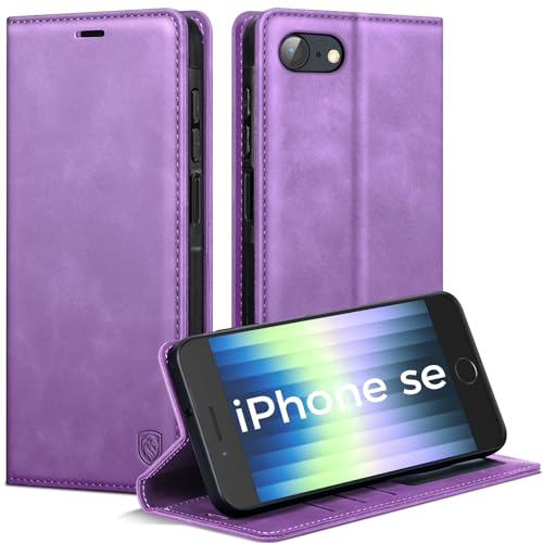 AIMOYU Handyhülle für iPhone SE 2022/SE 2020/iPhone 8/iPhone 7 Hülle, Premium Lederhülle Flip Case Magnet Tascher Kartenfach Standfunktion Klapphülle Schutzhülle für iPhone SE-Hülle, Lila