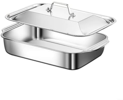 Snowchecking Große Edelstahl-Lasagnepfanne mit Deckel, 7,6 cm tiefe Auflaufform mit Griffen für Aufläufe, Braten und Blechpfanne, Mahlzeiten