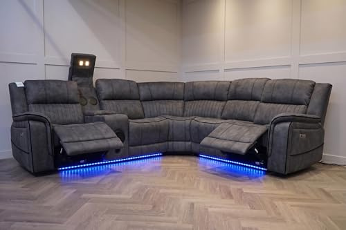 Geneva Pro Fabric Electric Recliner Corner Sofa With Cup Holders - Fabric Corner Sofa With Cooling Cup-Holders/LED Lights/Bluetooth Speakers/Wireless Charging Pad/USB Charging Ports (Grey)