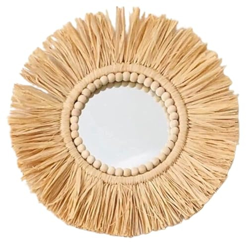 Sarini Miroir mural suspendu avec corde, paille, perles de bois marocaines et ornement en acrylique pour coiffeuse, chambre, salon, cuisine, entrée