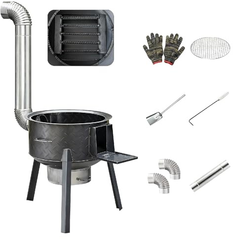 Heavy Duty Cast Iron Wood Stove with 3 Wok Rings & Grill Grate, 330lbs Capacity Wood Burning Stoves Set for Camping, Backyard Cooking, Includes Chimney & Tools(48x60cm/18.9x23.6in)