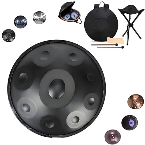 Handpan Instrument 9/10/12 Töne- 22 Zoll Stahl Zungentrommel In D-Moll Kurd 440 HZ Handpan Trommel Für Yoga, Meditation Mit Handtaschen Trommelstöcken, Trommelständer(Schwarz,432hz 12 Notes)