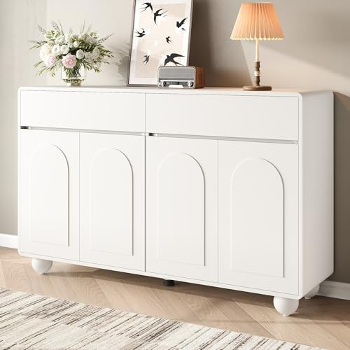 RAPRAP 140cm Sideboard mit Bogenform, 4 Türen & 2 Schubladen, Höhenverstellbare Regale, Metallkugelfüße, Pflegeleicht, Modernes Design Sideboard für Wohnzimmer, Küche oder Flur,Weiß,B