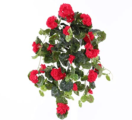 Kunstblume Geranie hängend mit 22 roten Blüten und 128 Blätter, 70cm - Künstliche Hängegeranie Pelargonien Kunstpflanze zum Stecken