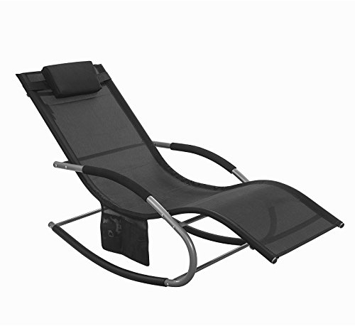 SoBuy Sonnenliege Gartenliege wetterfest Liegestuhl Schaukelstuhl mit Kopfkissen Relaxliege Schaukelliege Strandliege Outdoor Terrasse Balkon Camping bis 150 kg Schwarz Gartenmöbel OGS28-SCH