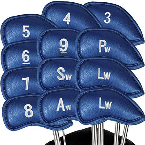 Golf Iron Head Covers Value 12 Piece Set(Also Sold Separately), Synthetic Leather Deluxe Club Headcover in Color Black Blue Red, Universal Fit Nike Titleist Callaway Ping (Blue, 12 Piece Set(3-Lw))