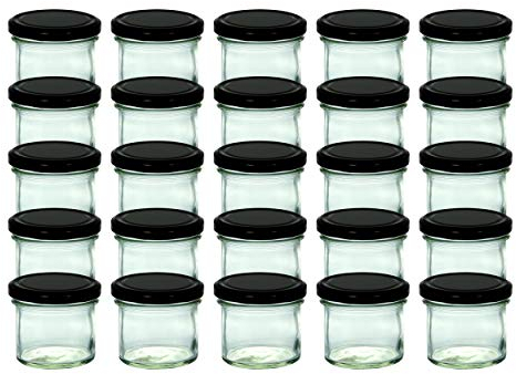 CapCro Lot de 25 bocaux en verre de 125 ml avec couvercles noirs à 66 pots à confiture