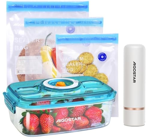 Aigostar Fresh - Pack 3 productos: mini bomba de vacío portátil, bolsas y recipientes para envasar al vacío, Envasadora al vacío recargable por USB, conserva la comida durante días
