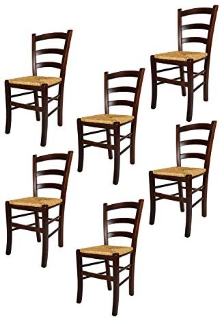 t m c s Tommychairs - 6er Set Stühle Venezia für Küche und Esszimmer, Robuste Struktur aus lackiertem Buchenholz im Farbton Dunkles Nussbraun und Sitzfläche aus Stroh