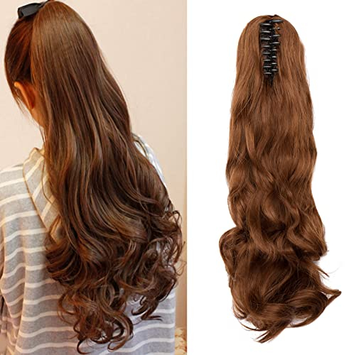 Cybelleza Coleta Postiza Pelo Natural Pinza Extensiones de Cabello Sintético Ponytail Rizadas Cola Extensiones Claw on Ponytail Hair Extensions 45cm - Castaño claro