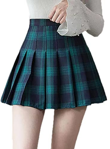 SIPEIEN Women's Plaid A-line Skirt Gothic High Waist Pleated Flare Short Mini Skater Skirt Green S