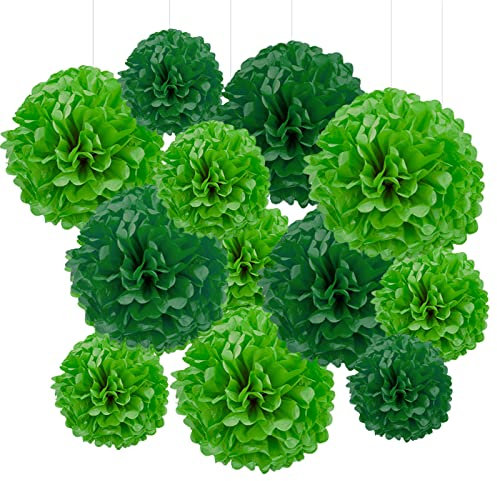 GAKA FAVOR Green and Dark Green Tissue Hanging Paper Pom Poms,Flower Ball Wedding Birthday Party Decoration （6Pcs 12in Pom Pom & 6Pcs 10in Pom Pom）