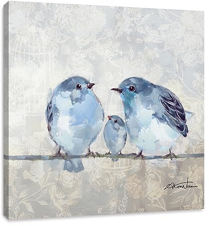 Woxfcart - Badezimmer-Vogelbilder, Wandkunst, abstrakte Liebesvögel, Gemälde auf Leinwand, für blau-graue Hauswände, Dekoration, 30,5 x 30,5 cm