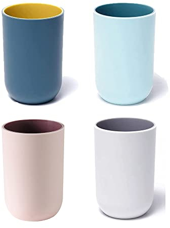 RabyLeo Unzerbrechliches, wiederverwendbares Trinkbecher-Set für den Haushalt, 4 Farben, Kunststoff-Zahnbürstenbecher, 300 ml, spülmaschinenfest (Hellblau, Marineblau, Hellrosa und Hellgrau)
