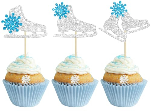 Gyufise 24Pcs Ice Skating Cupcake Toppers Glitter Snowflake Ice Sports Theme Cupcake Picks Baby Shower Cake Decorations for Skating Theme Kids Birthday Party Supplies Silver