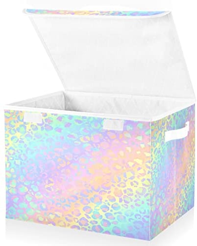 Mnsruu Storage Boxes with Lids, Rainbow Unicorn Leopard Pink Large Storage Basket Organizer Shelves Cube Bin Toy Clothes Underbed