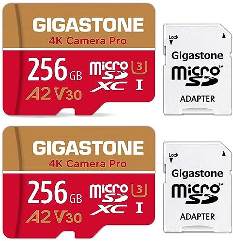 [5-Yrs Free Data Recovery] GIGASTONE 256GB Micro SD Card 2 Pack, Camera Pro MAX, Up to 130/85 MB/s, MicroSDXC Memory Card for DJI, Gopro, Insta360, Dashcam, 4K Video UHS-I A2 V30 U3 C10 with Adapter