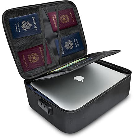 TOMKID Fireproof Document Organizer Box With Lock, Important File Storage Bag, Portable Office Home Travel Bag for Passport, Laptop, Files, Certificates - Black