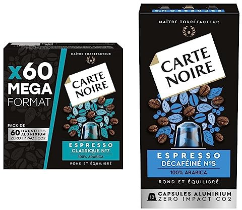 CARTE NOIRE - Capsules de Café Espresso Classique N°7 Compatibles Nespresso® - Lot de 4 x 60 Capsules Aluminium & Capsules Décaféiné N°5 Compatibles Nespresso - Lot de 10 x 10 Capsules Aluminium