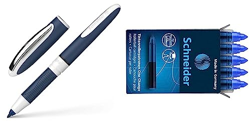 Schneider 78371 One Change Tintenroller schwarz, & 185403 Rollerpatrone One Change (für Tintenroller One Change, 1x 5 Stück, dokumentenecht, nicht löschbar) blau