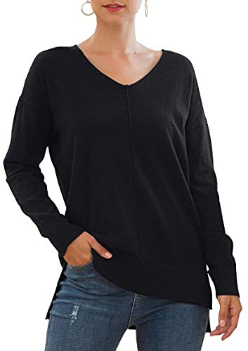 Yommay Ladies Lightweight Warm Breathable Jumper Trendy Knitted Long Sleeve Top Lightweight Comfortable V-Neck Sweatshirt for Women High-Low Hem Design,Black,XL