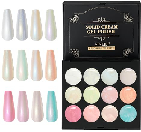 AIMEILI Solid Cream Gel Nail Polish, 12 Colors Solid Gel Polish Palette Neutral Nude Brown Pink White Pudding Gel Set UV LED Soak Off Art Kit Manicure DIY at Home Kit13