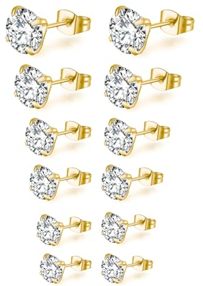 Mochity 6 Pares Pendientes Acero Inoxidable Mujer, Circoniña Brillantes Diamante, 14K Oro Plateado, Hipoalergénicos Para Mujer Hombre (7 Pares, Oro)