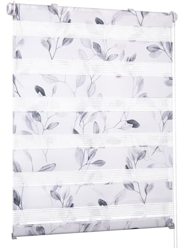 Deswell Doppelrollo Klemmfix ohne Bohren Weiß-Blätter B90 x H140 cm (Stoffbreite 86cm) Rollos für Fenster ohne Bohren mit Blüten Motiv Duorollo für Lichtdurchlässig Höhe Stufenlos Verstellbar