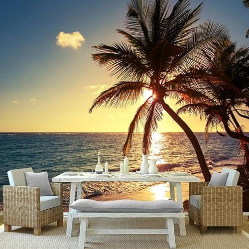 KoKoty Papier Peint Panoramique 3D Soie plage coucher de soleil cocotiers-300 x 250 cm-Papier Peint Soie Poster Décoration Fond De Mur Tv Salon Papier Peint Murales
