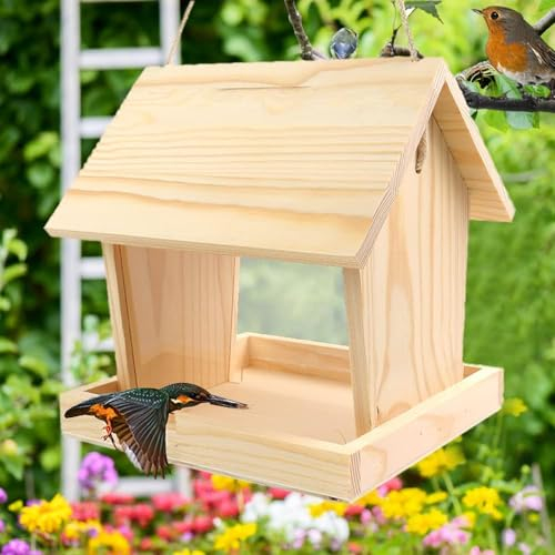 YIHAOBOX Vogelfutterhaus Balkon oder zum Aufhängen wetterfest Futterhaus Handarbeit aus Natur Holz Vogelhaus Gartenvögel Garten