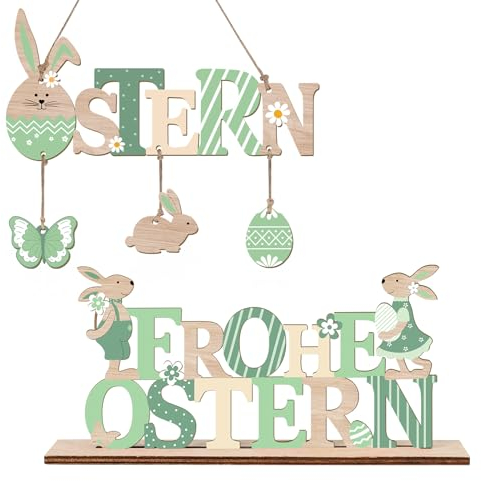 PAIVSUN Ostern Hase Deko,Osterhase Holz Deko Aufsteller mit Schriftzug Ostern für Osterdekoration,Hase Aufsteller für OsterDeko Tischdeko(Grün)