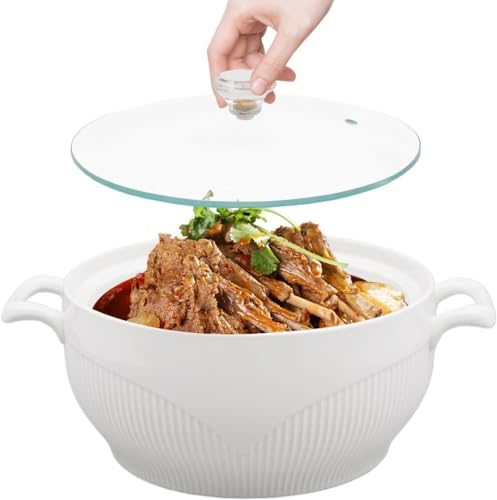 Soupière en céramique avec Couvercle en Verre et louche, Bol de soupière Blanc créatif à Double poignée, Vaisselle pour Soupe, ragoût de céréales, Soupe Miso réfrigérée [Classe énergétique A