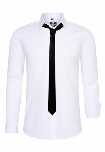 Rusty Neal Herren-Hemd Premium Slim Fit Langarm Stretch Kontrast Hemd mit Krawatte Business-Hemden Outfit Freizeithemd Set 44_99, Größe:XL, Farbe:Weiß