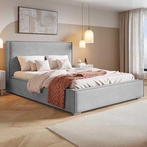 MOTIVENA Arizona Polsterbett 120x200 Grau, Polsterbett 120x200 Samt, Polsterbett 120x200 mit Bettkasten, Polsterbett 120x200 mit Stauraum, mit Lattenrost, mit Kopfteil, ohne Matratze, Hellgrau