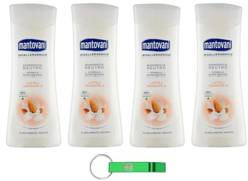 4x Mantovani Bagnodoccia Neutro Latte di Mandorla - Neutrales Duschgel mit Mandelmilch 400ml + Beni Culinari Kostenloser Schlüsselanhänger