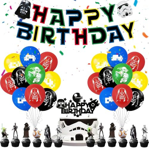 35 Stücke Star Krieg Geburtstagsdeko, Star Kindergeburtstag Party Deko, Star Party Balloons, Wars Thema Birthday Decoration Kit, Cake Topper Happy Birthday Banner für Kinder Geburtstags Party