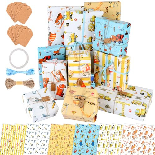 GHVACZS 12 Stück Bagger Geschenkpapier (mit Etikettenkarte, Schnur, Band, Klebeband), Geschenkpapier Bagger, Geschenkpapier Baustelle für Verpacken von Geburtstagsgeschenken, Büchern, Spielzeug
