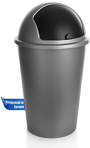 2friends SUSTANIA - Poubelle modèle Silver, 50 l, avec couvercle coulissant noir, diamètre : 25 cm x hauteur : 68 cm, grande, en plastique, pour cuisine ou bureau, anti-odeurs, avec couvercle rond